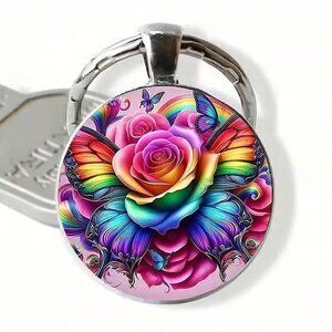 Stainless Steel ROSES Butterfly Keyring Keychain Accessory
